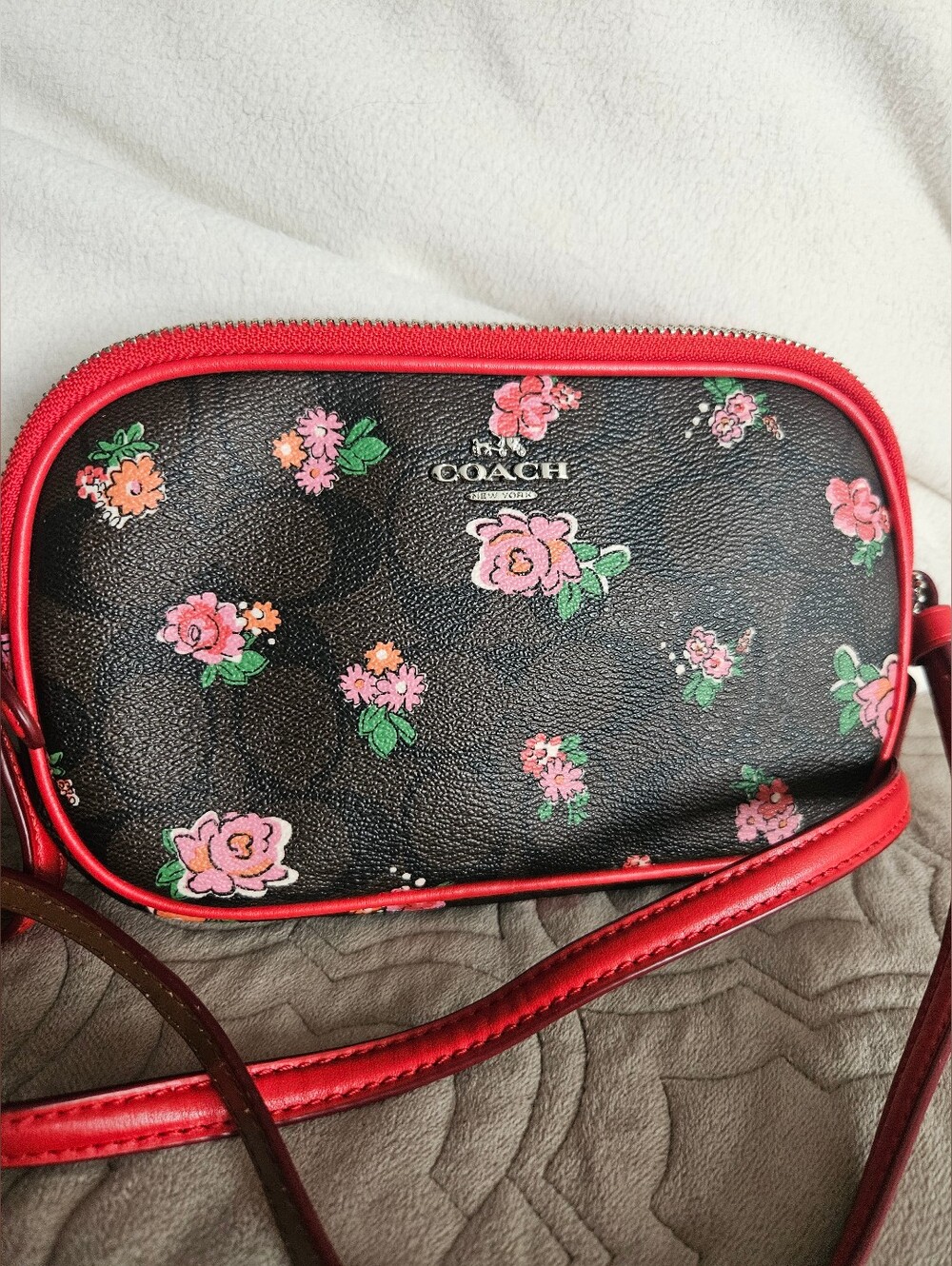 COACH Black Floral Crossbody with Red Trim